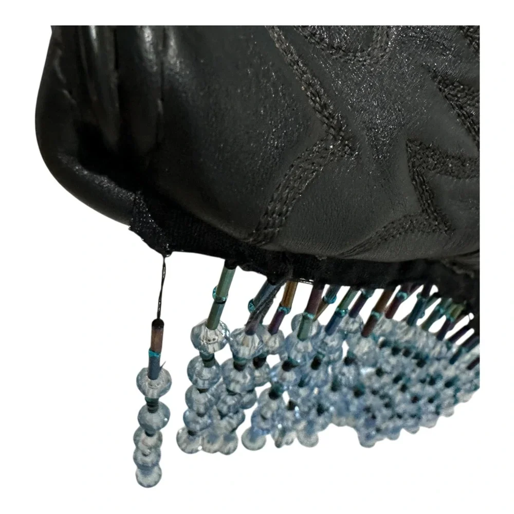 Handmade Western Cowboy Black Boot Leather Crossbody Bag Beaded Strap & Fringe